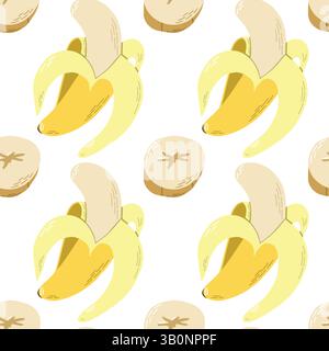 Nahtloses Muster von Bananen und geschnittenen Bananen auf weißem Hintergrund Stock Vektor