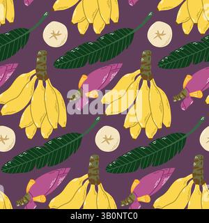 Nahtloses Muster von gelben Bananen und tropischen Elementen auf lila Hintergrund Stock Vektor