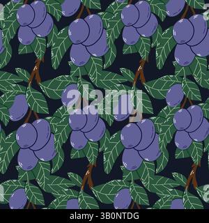 Nahtloses Muster von Reifen Pflaumen und grünem Laub auf dunklem Hintergrund Stock Vektor