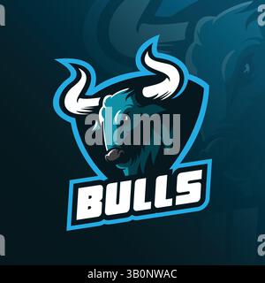 Stierkopf Maskottchen Logo Vektor Design Illustration mit Konzept des wütenden Gesichts, für Sportmannschaft, Ikone, T-Shirt und Emblem. Stock Vektor