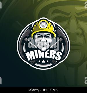 Miner Vektor Maskottchen Logo Design mit modernem Illustrationskonzept Stil für Abzeichen, Emblem und T-Shirt Druck. Abbildung: Head Miner. Stock Vektor