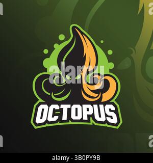 Logo-Illustration, T-Shirt und Emblem mit Kraken-Sport-Maskottchen. Stock Vektor