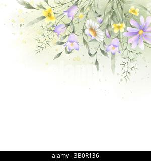 Wildblumen Flieder Glockenblume, gelbe Butterblume, Kamille und Wiesengräser. Handgezeichneter isolierter quadratischer Rahmen auf grünem Fleck und Spritzer Stockfoto