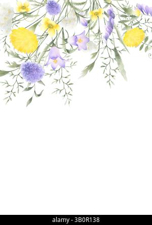 Blumenpostkarte von Aquarell Wildblumen Löwenzahn, Glockenblume, Butterblume, Mäuseerbse und Wiesengräser isolierte Illustration mit Kopierraum, A4. Stockfoto