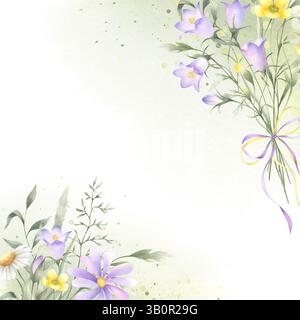 Blumenstrauß aus Wildblumen, Flieder, gelber Butterblume und Wiesengräser mit Band. Handgezeichneter isolierter quadratischer Rahmen mit Blumen W Stockfoto
