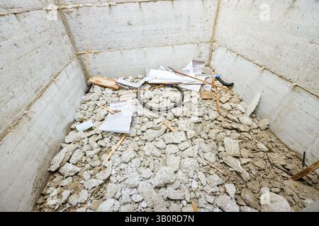 Schacht im Bau, voll mit zerquetschtem Beton, Müll, verstärktem Tunnelloch, ein Platz für den Aufzug. Stockfoto