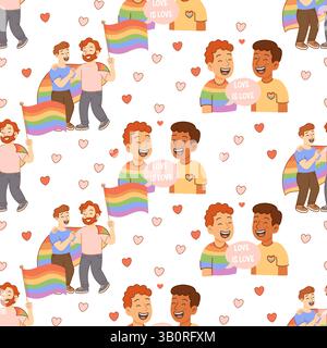 Cartoon-Muster von LGBTQ-Paaren mit Regenbogenflaggen und Herzen. Ideal für Pride Month, Gleichheit und Liebeskonzept. Stock Vektor