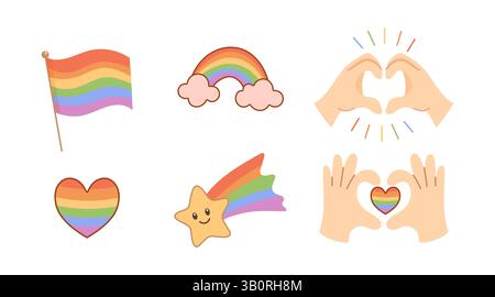 Set aus sechs LGBT-Vektorsymbolen mit Regenbogenfahne, Herz, Händen, die Liebessymbol bilden, Regenbogenbogen und lächelndem Stern. Stock Vektor