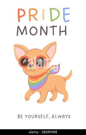 Vektor-Postkarte mit niedlichem Hund in Regenbogenschal und Sonnenbrille, die Selbstausdruck und LGBT-Stolz während des Stolz-Monats fördert. Stock Vektor