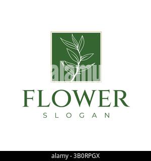 Botanisches Blumenlogodesign mit grünem Rechteckrahmen und goldener Linie. Moderne Vintage Vector Line Design Vorlage Stock Vektor