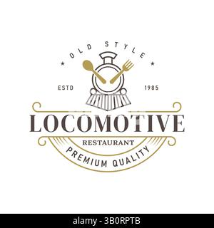 Trainiere mit Löffel und Gabel im Retro-Vintage-Stil für Restaurant- oder Cafe-Logo im Retro-Stil Stock Vektor