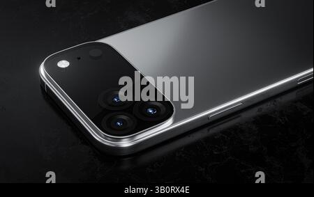 Nahaufnahme eines modernen Smartphones mit schlankem Design und dreifachem Kameraaufbau auf dunkler Oberfläche. Stockfoto