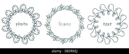 Rahmenset mit Symbolen für Sommerfrüchte. Handgezeichneter abgerundeter Rand, konturierte schwarze Kontur, lineares Doodle-Design. Textraum. Weißer Hintergrund Stock Vektor