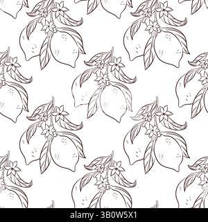 Nahtloses Muster mit Zitronen-, Blatt- und Blumenkunst im Line-Art-Stil. Perfekt für Stoffdruck, Verpackung, Tapeten, Sommerdesign und frisches Obst Stock Vektor