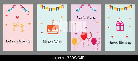 Lebendiges Geburtstagskarten-Set mit Kuchen, Ballons, Geschenken und Getränken! Perfekt für Partys, Einladungen und soziale Medien. Vollständig bearbeitbare Vektordatei. Stock Vektor