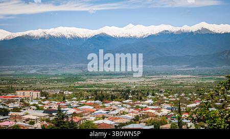 Panoramablick auf Telavi, Georgia, mit bunten Dächern, landwirtschaftlichen Feldern und den schneebedeckten Kaukasus Stockfoto