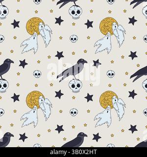 Nahtloses Muster mit niedlichen handgezeichneten Halloween-Geistern Stock Vektor