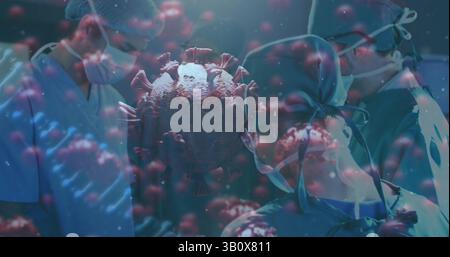 Großes 3D-Coronavirus-Modell, das über dem Operationssaal schwebt, mit maskierten Chirurgen unter Licht Stockfoto