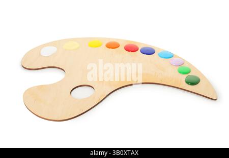 Holz- Palette mit Farben isoliert auf weißem Stockfoto