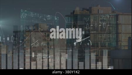 Bild der Verarbeitung von Finanzdaten und mathematischen Gleichungen über die Stadtlandschaft Stockfoto