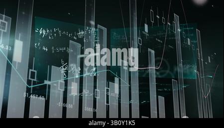 Abbildung der Verarbeitung von Finanzdaten und mathematischen Gleichungen auf schwarzem Hintergrund Stockfoto