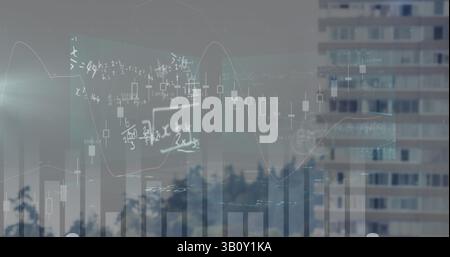 Bild der Verarbeitung von Finanzdaten und mathematischen Gleichungen über die Stadtlandschaft Stockfoto