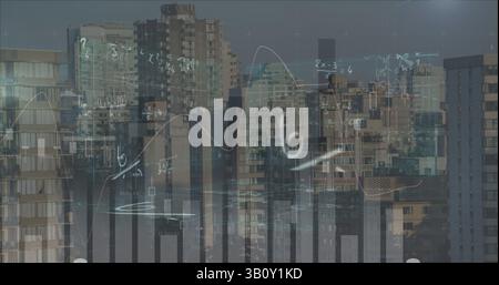 Bild der Verarbeitung von Finanzdaten und mathematischen Gleichungen über die Stadtlandschaft Stockfoto