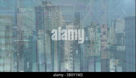 Bild der Verarbeitung von Finanzdaten und mathematischen Gleichungen über die Stadtlandschaft Stockfoto