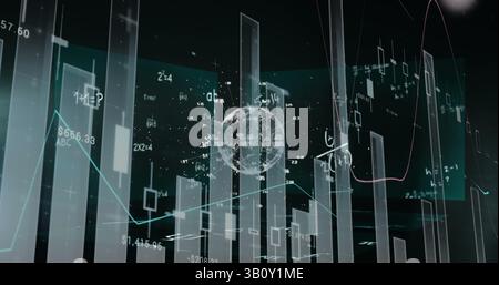 Abbildung der Verarbeitung von Finanzdaten und mathematischen Gleichungen auf schwarzem Hintergrund Stockfoto