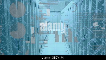 Bild der Verarbeitung von Finanzdaten und mathematischen Gleichungen im Serverraum Stockfoto