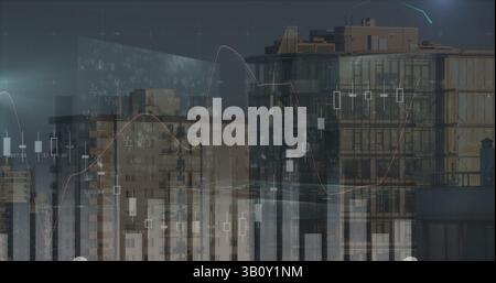 Bild der Verarbeitung von Finanzdaten und mathematischen Gleichungen über die Stadtlandschaft Stockfoto