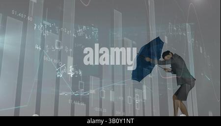 Bild der Finanzdatenverarbeitung und mathematischer Gleichungen über die kaukasische Geschäftsfrau Stockfoto