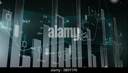 Abbildung der Verarbeitung von Finanzdaten und mathematischen Gleichungen auf schwarzem Hintergrund Stockfoto