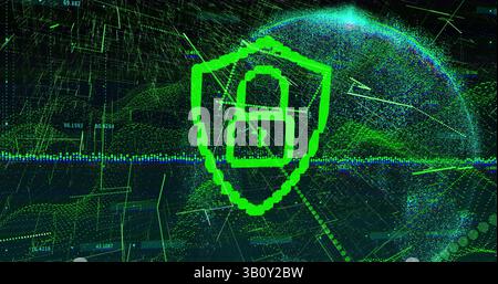 Abbildung: Digitales Schild mit Vorhängeschloss über der Kugel auf schwarzem Hintergrund Stockfoto