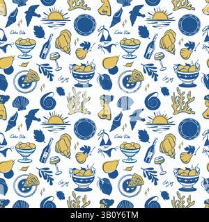Sea LIFE Doodle Hand gezeichnetes nahtloses Muster. Mediterranes Leben in blau und gelb. Sonne, Korallen, Zitronen, Essen. Vibe von Italien, Griechenland, Mittelmeer. Vektorabbildung Stock Vektor