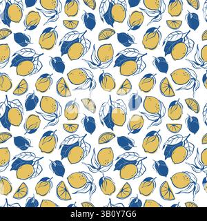 Nahtloses Zitrusmuster mit Zitronen. Blau und gelb. Vektorabbildung. Stock Vektor