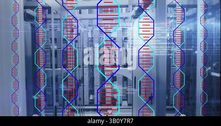 Abbildung der dna-Stränge über dem Serverraum und der Datenverarbeitung Stockfoto