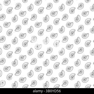 Spiralmeerschalen Vektor nahtloses Muster. Handgezeichneter „Summer Beach“-Print mit grafischer Linienfarbe am Meer. Ocean Fashion Textil monochrom. Küste e Stock Vektor