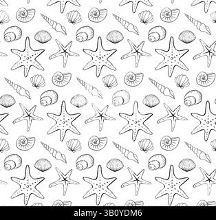 Muscheln und Seesterne nahtlose Muster. Vector Graphic Line Ink Design für Paket, Urlaubsdesign, Stoff und Textil. Hintergrund für Banner, pri Stock Vektor