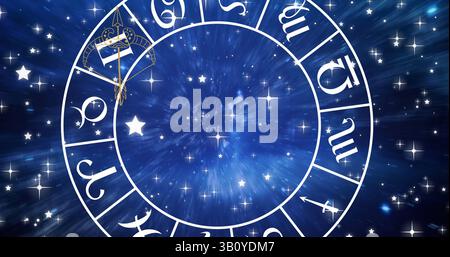 Bild von Horoskop-Symbolen über Sternen und Weltraum Stockfoto