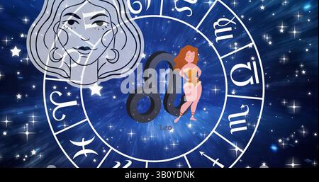 Bild von Horoskop-Symbolen über Sternen auf blauem Hintergrund Stockfoto