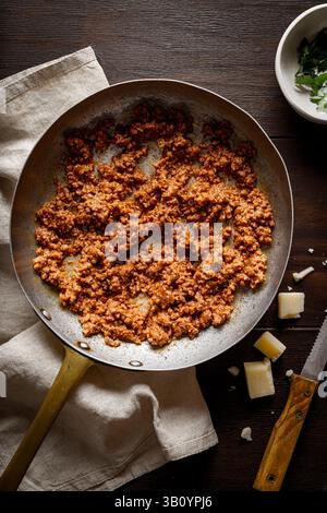 ragù alla Bolognese: Sauce aus Tomaten, Hackfleisch, Zwiebeln und Karotten, serviert in einer Pfanne auf Holztisch. Draufsicht. Stockfoto