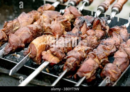 Saftige gegrillte Fleischspieße, die auf dem Grill kochen. Marinierte Fleischstücke, die auf Metallspießen über heißen Kohlen geröstet werden. Traditionelles Grillmetho Stockfoto