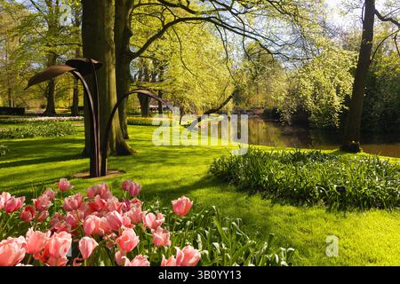 Keukenhof, Niederlande - 2023 - 05 - 02: Frühlingslandschaft in den Gärten von Keukenhof, Niederlande, mit rosa Tulpen im Vordergrund, grünem Rasen, Bäumen, an Stockfoto