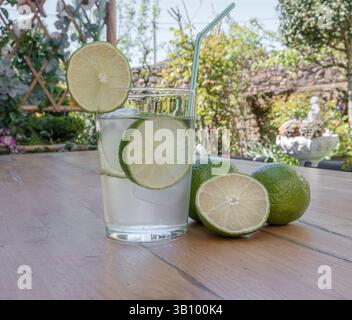 Erfrischendes Glas Wasser mit Limette an einem sonnigen Tag am Gartentisch. Stockfoto