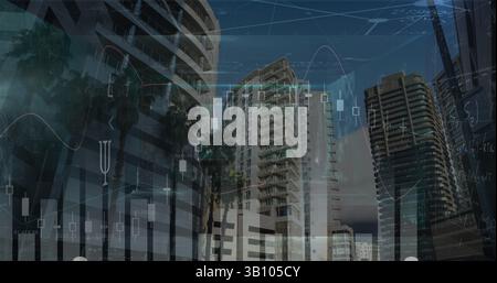 Verbundbild statistischer Datenverarbeitung und mathematischer Gleichungen gegenüber hohen Gebäuden Stockfoto