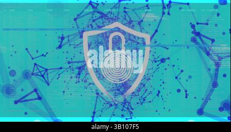 Abbildung: Digitale Abschirmung mit Vorhängeschloss über Anschlüssen auf blauem Hintergrund Stockfoto