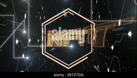 Bild des nft in Sechsecken, die über schwarzem Hintergrund mit integrierter Schaltung schweben Stockfoto