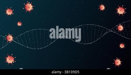 Zeigt weiße gepunktete DNA-Doppelhelix, die sich über digitalen Hintergrund erstreckt, mit rotem Virus Stockfoto