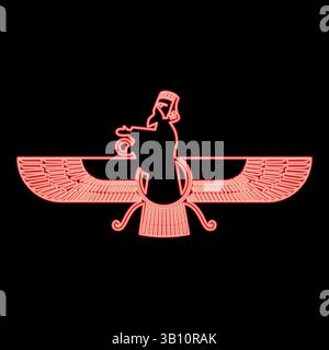Neon Zoroastrismus Religion Faravahar Zorostrisches Symbol Parsi rote Farbe Vektor Illustration Bild flach Stil Licht Stock Vektor
